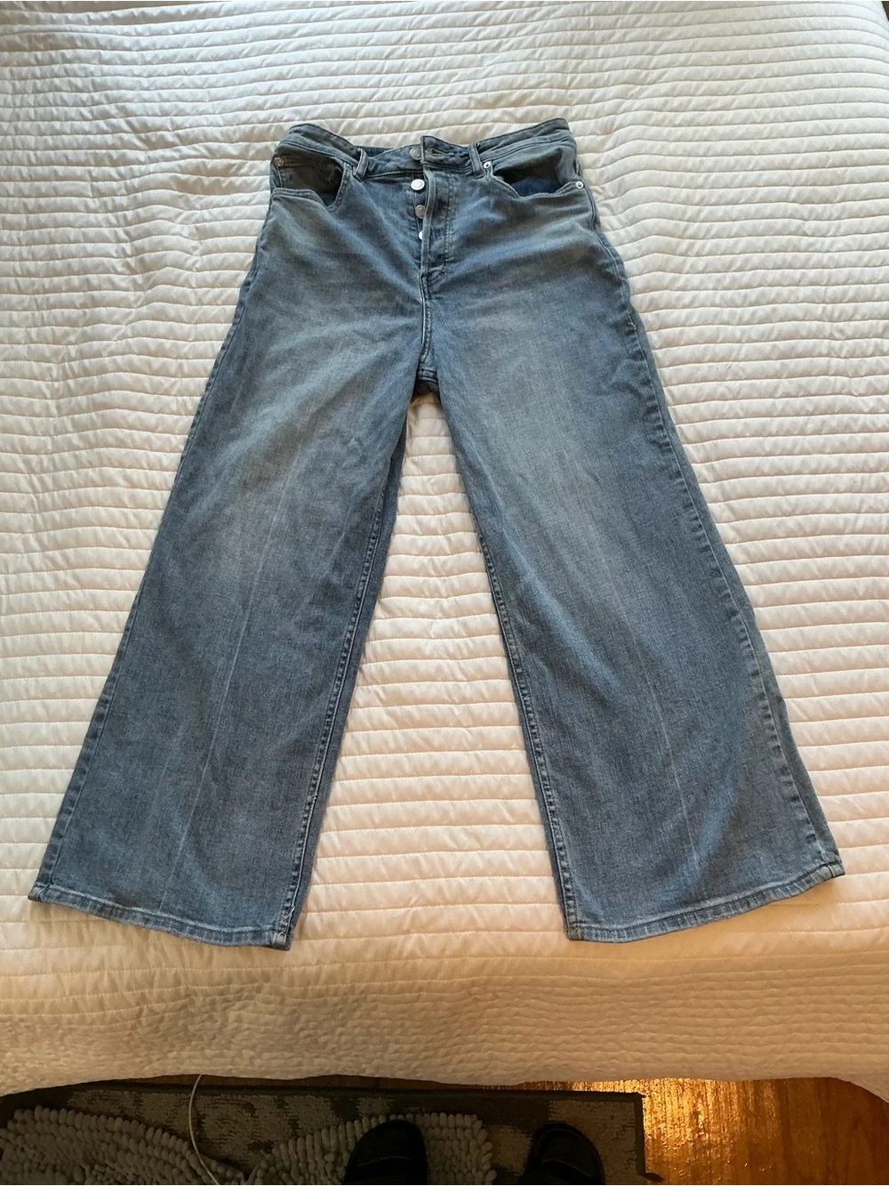 Free People Wide Leg Button-Fly Jeans in Washed Blue